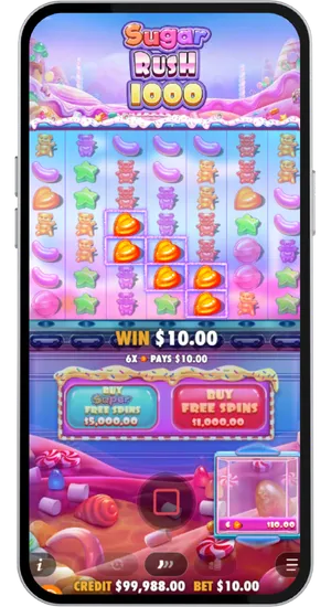 Sugar Rush 1000 cluster win on heart candy symbols paying ten dollars at ten dollar bet