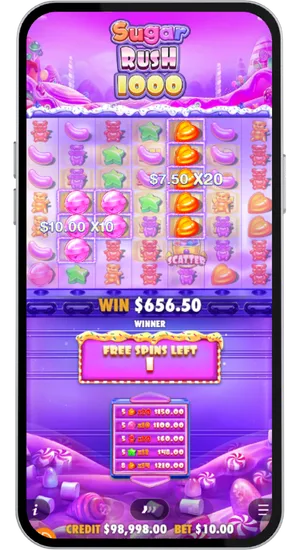 Sugar Rush 1000 free spins round with active multipliers showing a win of 656 dollars