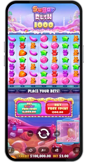 Sugar Rush 1000 base game on mobile with Buy Super Free Spins and Buy Free Spins buttons