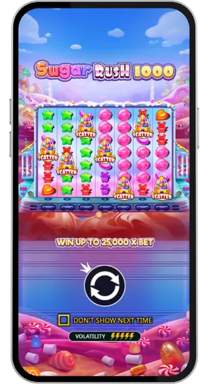 Sugar Rush 1000 loading screen with max win 25000x bet info